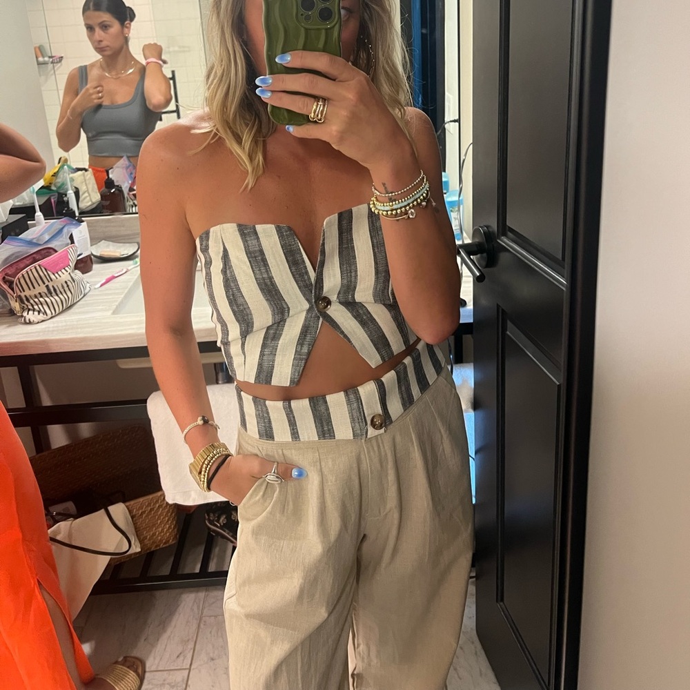 Striped Strapless Crop Top + Foldover Pants Set